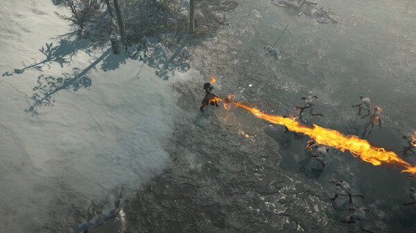 Diablo® IV screenshot: A character unleashes a fiery attack on approaching skeletal enemies in a snowy and desolate landscape.