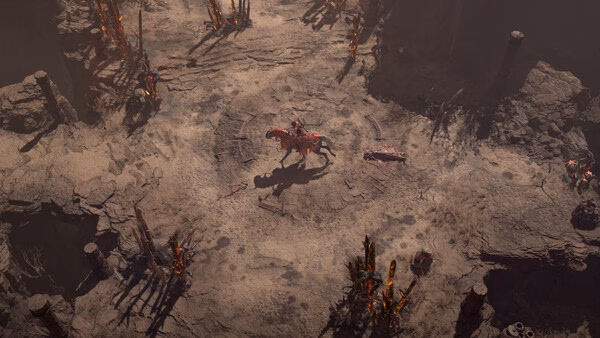 Diablo® IV screenshot showing a lone armored character on horseback in a barren, rocky landscape surrounded by eerie red spikes.