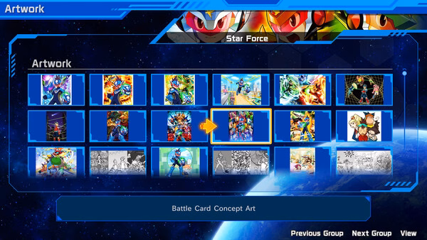 Screenshot of the game Mega Man Star Force Legacy Collection featuring artwork thumbnails and a highlighted Battle Card Concept Art.