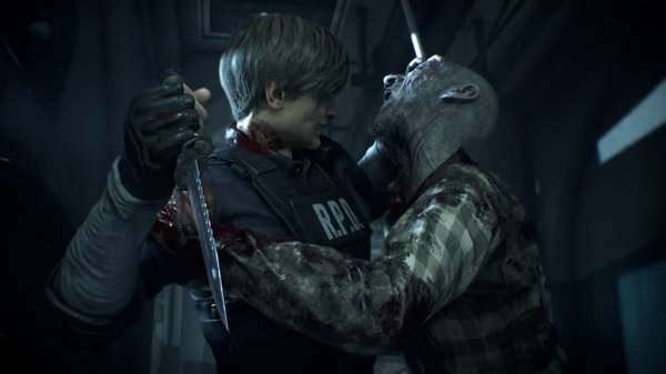 Resident Evil 2 screenshot: A character in an RPD vest struggles with a zombie, holding a knife in a tense confrontation.