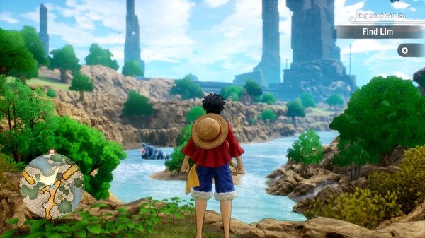 ONE PIECE ODYSSEY screenshot: Luffy stands on a grassy cliff overlooking a river and lush landscape with tall stone structures.