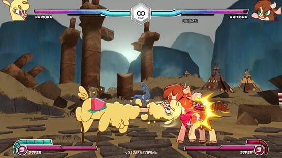 Them's Fightin' Herds screenshot: Paprika, an alpaca, battles Arizona, a cow, in a rocky desert arena with teepees.