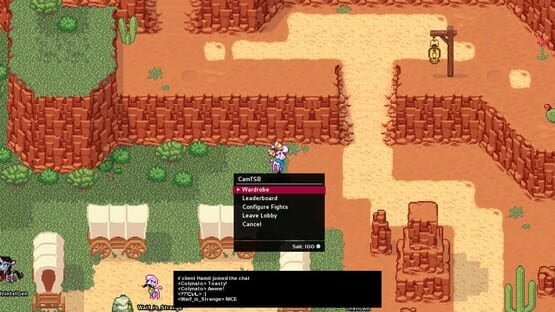 Them's Fightin' Herds screenshot: A colorful desert scene with a character near wagons, menu options displayed on screen.