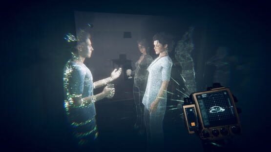 A screenshot from Eternal Threads showing holographic figures interacting, with a handheld device displaying data in the foreground.
