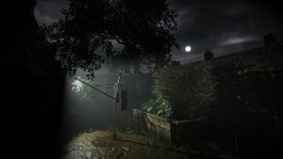 A screenshot from Eternal Threads showing a dimly lit outdoor scene with a clothesline, trees, and a moon in the cloudy night sky.