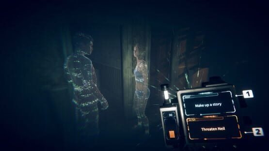 A screenshot from Eternal Threads shows holographic figures in a dim room and a device displaying dialogue choices.
