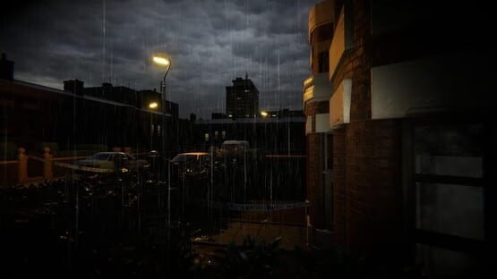 Eternal Threads screenshot: A rainy, dimly lit urban street scene with parked cars and buildings under a cloudy night sky.