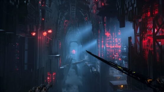 Screenshot from Ghostrunner 2 showing a futuristic, neon-lit corridor with a sword-wielding character navigating platforms.