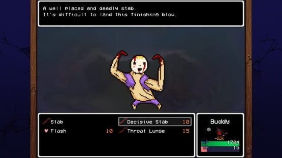 Screenshot from LISA: The Definitive Edition shows a battle scene with Buddy facing a masked creature in combat.