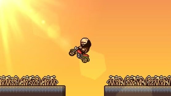 A screenshot from LISA: The Definitive Edition showing a character on a motorcycle jumping between two ledges against an orange sky.