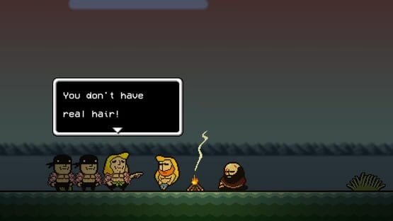 A screenshot from LISA: The Definitive Edition showing characters by a campfire, with a dialogue box saying, "You don't have real hair!"
