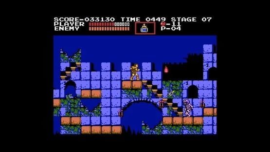 A screenshot from Castlevania Anniversary Collection shows a castle stage with a hero battling enemies on staircases.
