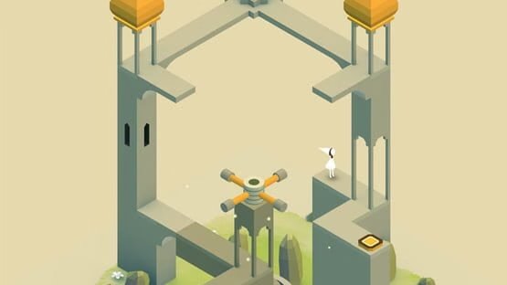 Screenshot from Monument Valley showing a character standing on a surreal, geometric tower with golden domes and blue flags.