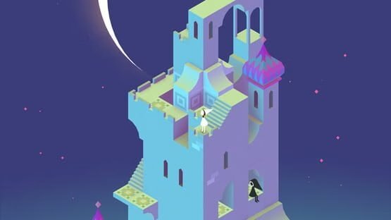 Screenshot of Monument Valley showing a character in a white robe navigating a tall, intricate tower with a crescent moon in the background.