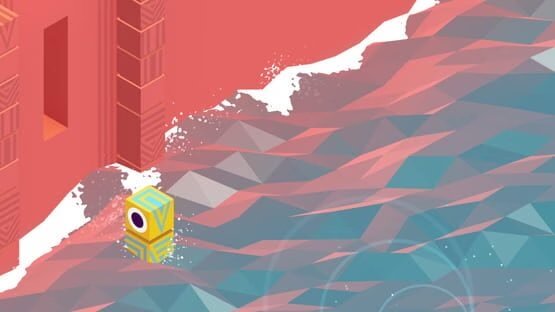 Screenshot from Monument Valley showing a character in white on a small red island, surrounded by a mysterious, geometric ocean landscape.
