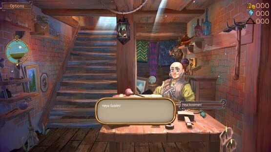 Screenshot from 'Trash Goblin': A goblin sits behind a wooden desk in a cozy, cluttered room with brick walls and stairs.