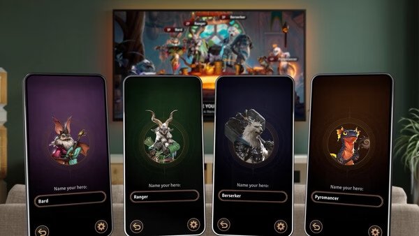 Sunderfolk screenshot: Four hero selection cards—Bard, Ranger, Berserker, Pyromancer—are displayed in front of a TV showing gameplay.