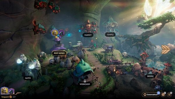 Screenshot of Sunderfolk showing a colorful village with labeled locations like Post Office, Market, Temple, and Workshop.
