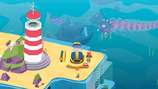 Screenshot from 'Down in Bermuda' showing a striped lighthouse on a sandy island, with an underwater creature nearby.