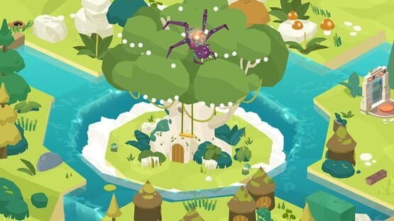 Down in Bermuda screenshot: A colorful island with a large tree at its center, surrounded by water, featuring a purple spider on top.