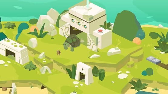 Screenshot from Down in Bermuda showing a lush island landscape with a turtle, ancient ruins, and ocean in the background.