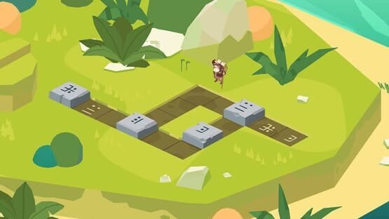 Screenshot from 'Down in Bermuda': A character walks near stone blocks with symbols, surrounded by tropical plants and a sandy beach.