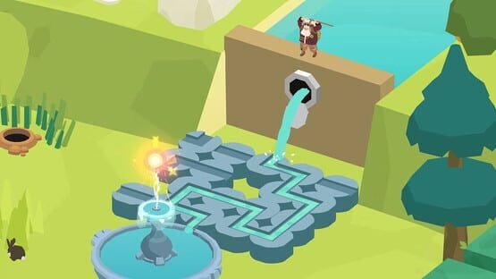 Screenshot from Down in Bermuda: A character stands by a waterfall, with a maze-like water path leading to a glowing fountain.