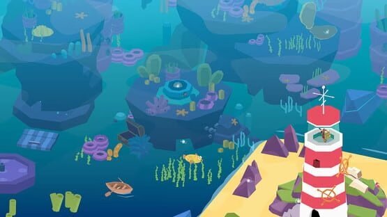 Screenshot from Down in Bermuda showing a colorful underwater scene with fish, coral, and a lighthouse on the sandy shore.