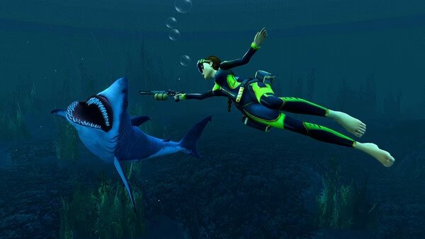 Screenshot from Tomb Raider I-III Remastered Starring Lara Croft showing Lara underwater aiming a weapon at an approaching shark.