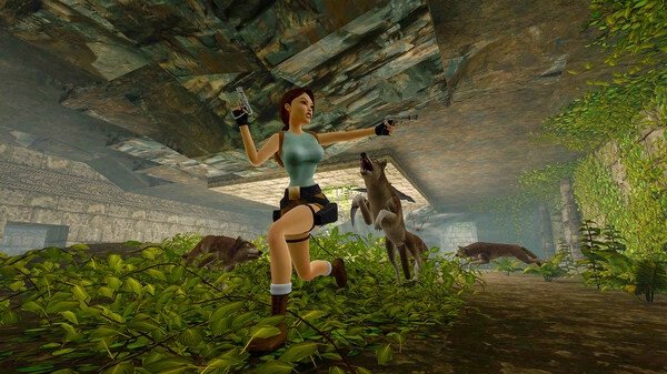 Tomb Raider I-III Remastered Starring Lara Croft screenshot: Lara Croft navigates a lush cave while confronting wolves.