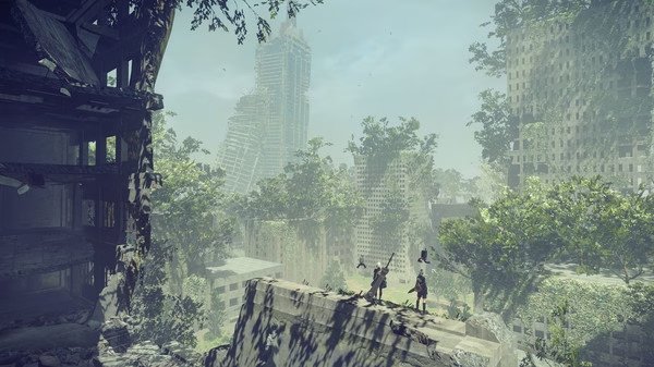 Screenshot from NieR:Automata™ showing two characters exploring a lush, overgrown post-apocalyptic cityscape with ruined buildings.