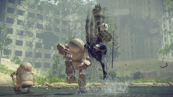 NieR:Automata™ screenshot showing the protagonist battling robots in a lush, overgrown urban environment.