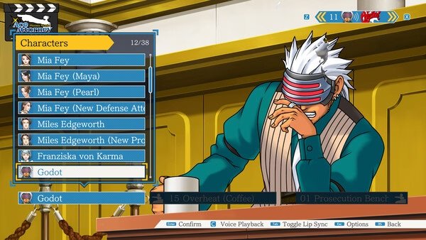 Screenshot from Phoenix Wright: Ace Attorney Trilogy showing character Godot with a visor, seated at the prosecution bench.