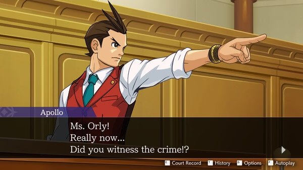 Apollo Justice: Ace Attorney Trilogy screenshot: Apollo points assertively in court, questioning a witness about seeing the crime.