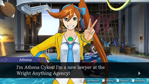 Screenshot of Apollo Justice: Ace Attorney Trilogy shows a character giving a peace sign, introducing themselves as Athena Cykes.