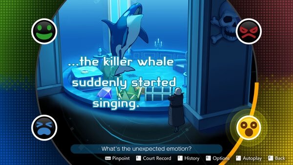Screenshot from Apollo Justice: Ace Attorney Trilogy showing a killer whale and text about its unexpected singing.