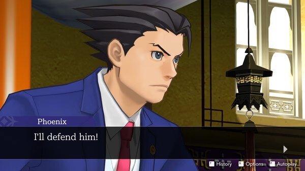 Apollo Justice: Ace Attorney Trilogy screenshot of a courtroom scene with a character saying, "I'll defend him!"