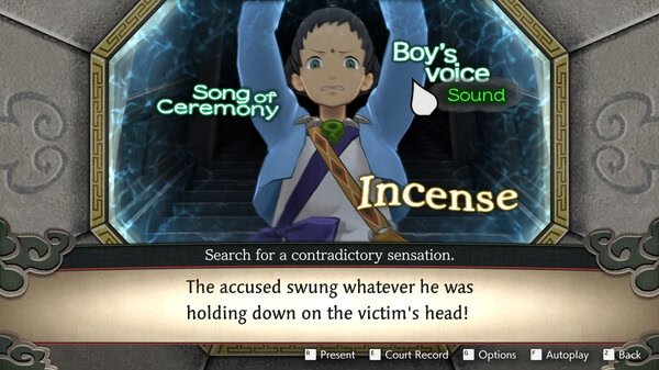 Screenshot from Apollo Justice: Ace Attorney Trilogy showing a character with text choices: Song of Ceremony, Boy's Voice, and Incense.