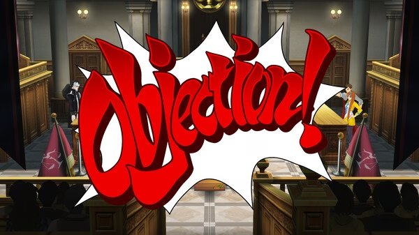 Screenshot from Apollo Justice: Ace Attorney Trilogy showing a courtroom scene with the bold "Objection!" text displayed prominently.