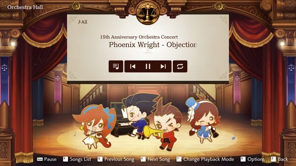 Screenshot of Apollo Justice: Ace Attorney Trilogy showing chibi characters performing in Orchestra Hall with song details displayed.