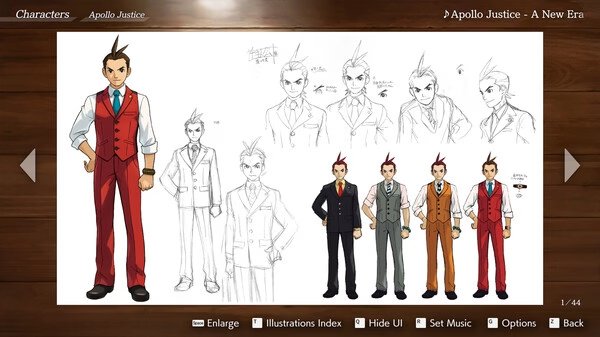 Apollo Justice: Ace Attorney Trilogy screenshot showing character design sketches and variations of Apollo Justice.