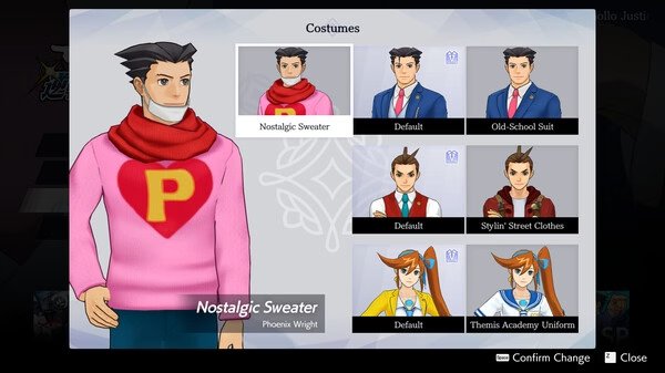Screenshot from Apollo Justice: Ace Attorney Trilogy showing character costume selection menu with various outfit options.