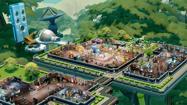 Two Point Museum screenshot showcasing a vibrant, multi-level museum surrounded by lush greenery and futuristic structures.