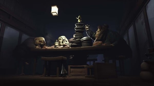 Little Nightmares screenshot: A small figure stands atop stacked plates on a dining table surrounded by large, eerie figures.