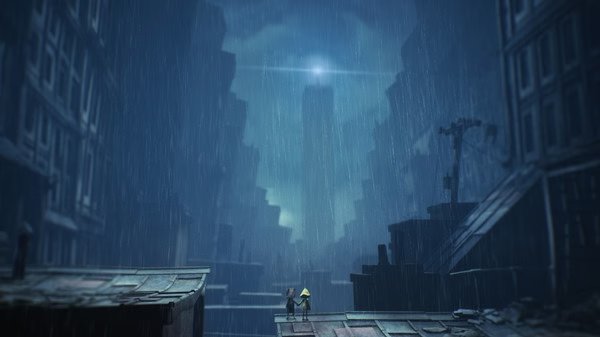 Screenshot from Little Nightmares II shows two small figures standing on a rooftop in a dark, rainy cityscape.