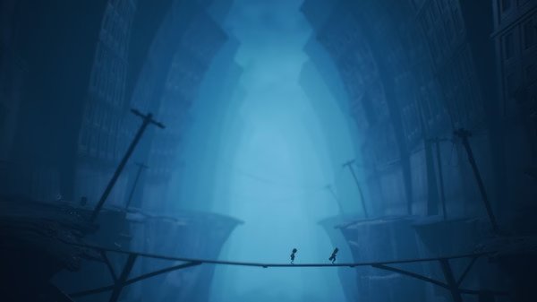 Screenshot from Little Nightmares II showing two characters walking across a narrow bridge in a dark, eerie cityscape.