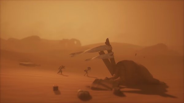 Screenshot from Little Nightmares III showing two characters navigating a desolate, sandy landscape with scattered debris.