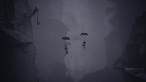 Screenshot from Little Nightmares III showing two characters using umbrellas to glide through a dark, eerie landscape.