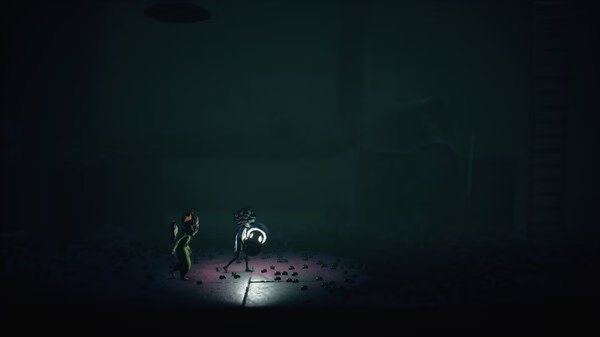 Little Nightmares III screenshot: Two characters explore a dark, eerie environment illuminated by a small light source.