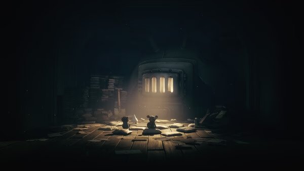 Screenshot from Little Nightmares III showing two small figures facing a large, glowing furnace in a dimly lit room filled with scattered papers.